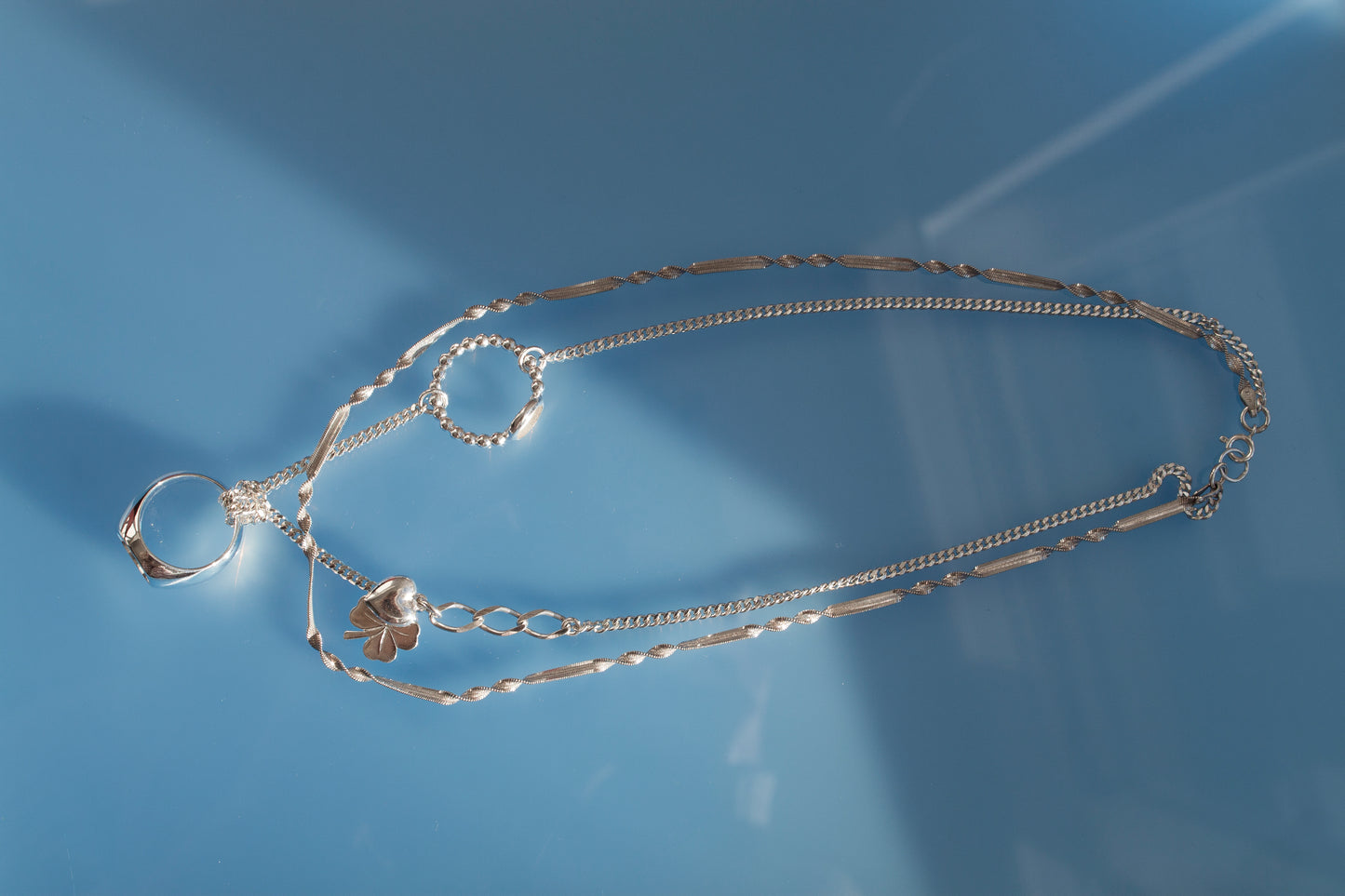 Double Chained & Knotted Necklace in 925 silver, collage-like recycled jewellery, one-of-a-kind by Minou Lejeune