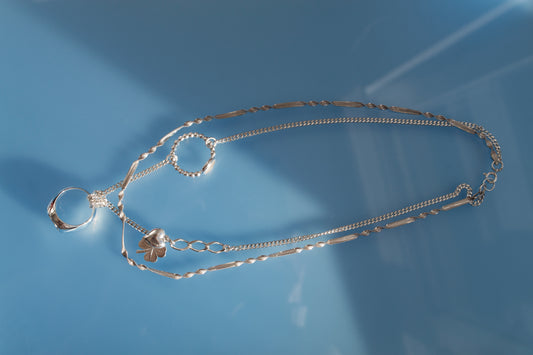 Double Chained & Knotted Necklace in 925 silver, collage-like recycled jewellery, one-of-a-kind by Minou Lejeune